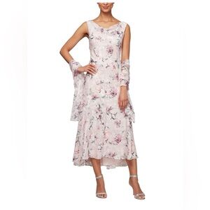 ALEX EVENINGS Womens Ruffle Maxi Dress Pink Floral Cowl Neck Sheer Size 8